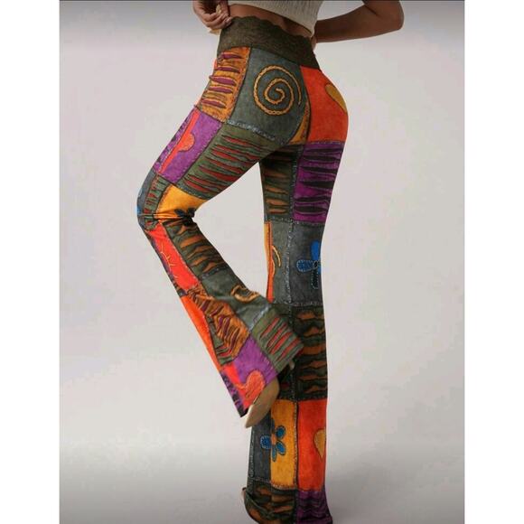 NWT Medium Patchwork Print Pants Lace Waist Stretch Flares - Picture 6 of 7